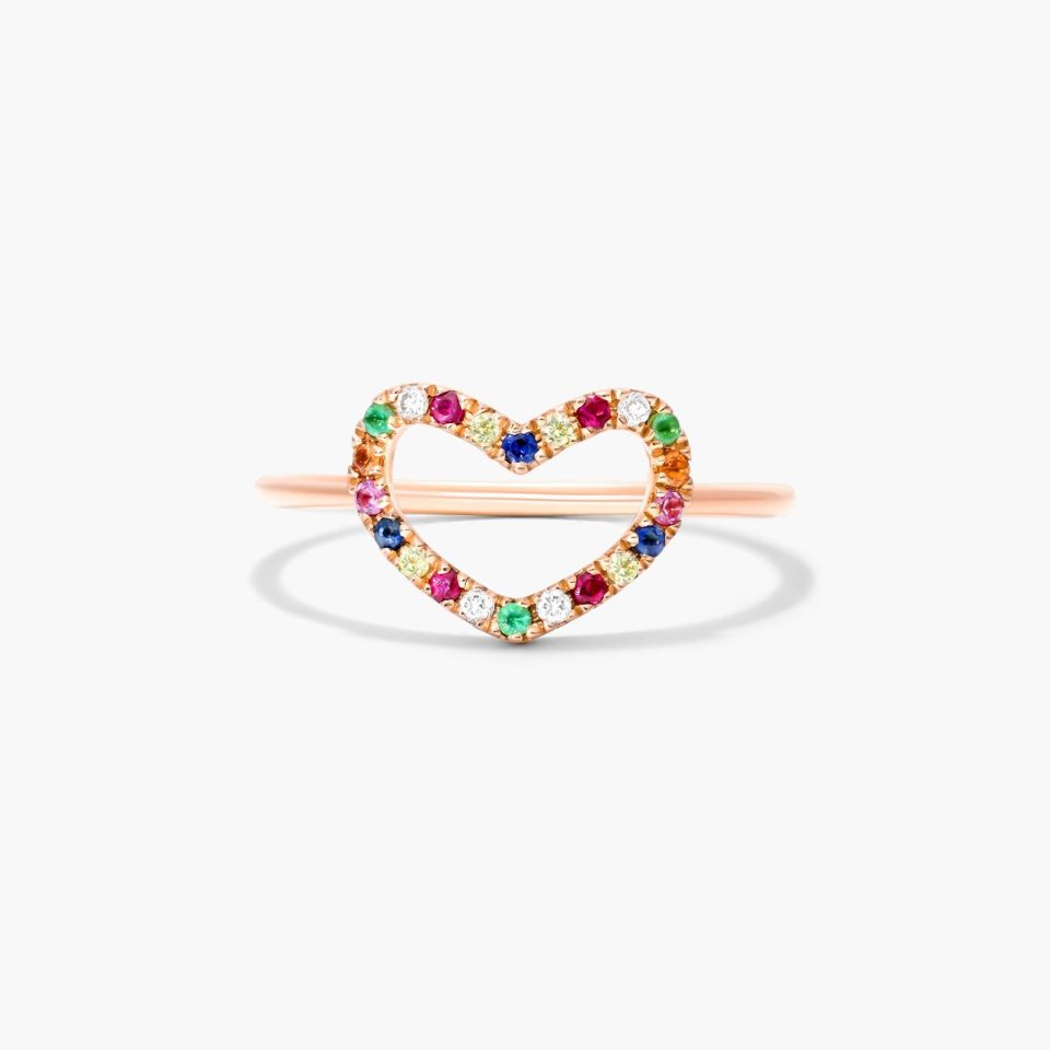 14K Rose Gold Multi Gemstone Petite Open Heart Ring