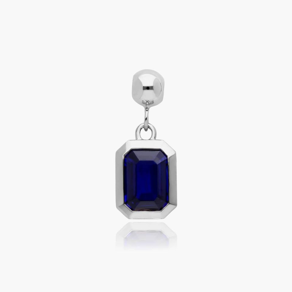 14K White Gold Emerald Cut Bezel Sapphire Birthstone Charm