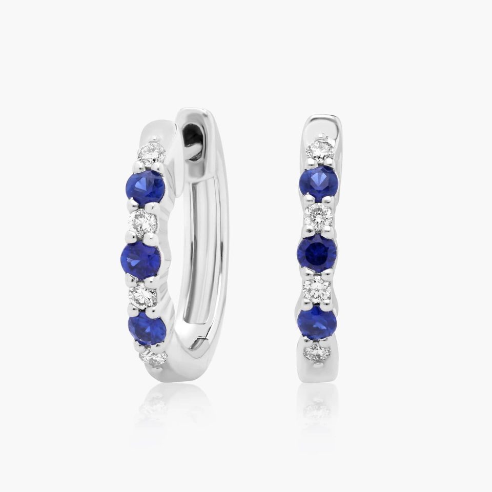 14K White Gold Alternating Sapphire Huggie Hoop Earrings