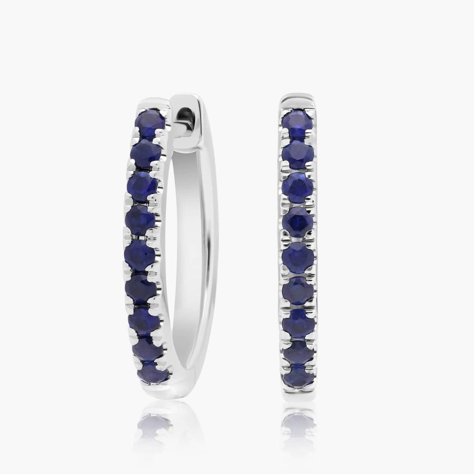 14K White Gold Sapphire Huggie Hoop Earrings