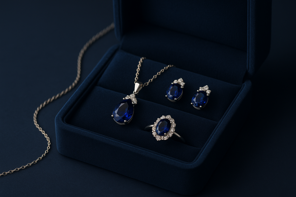 Sapphire necklace, earrings, and ring set in a velvet jewelry box with a deep blue background