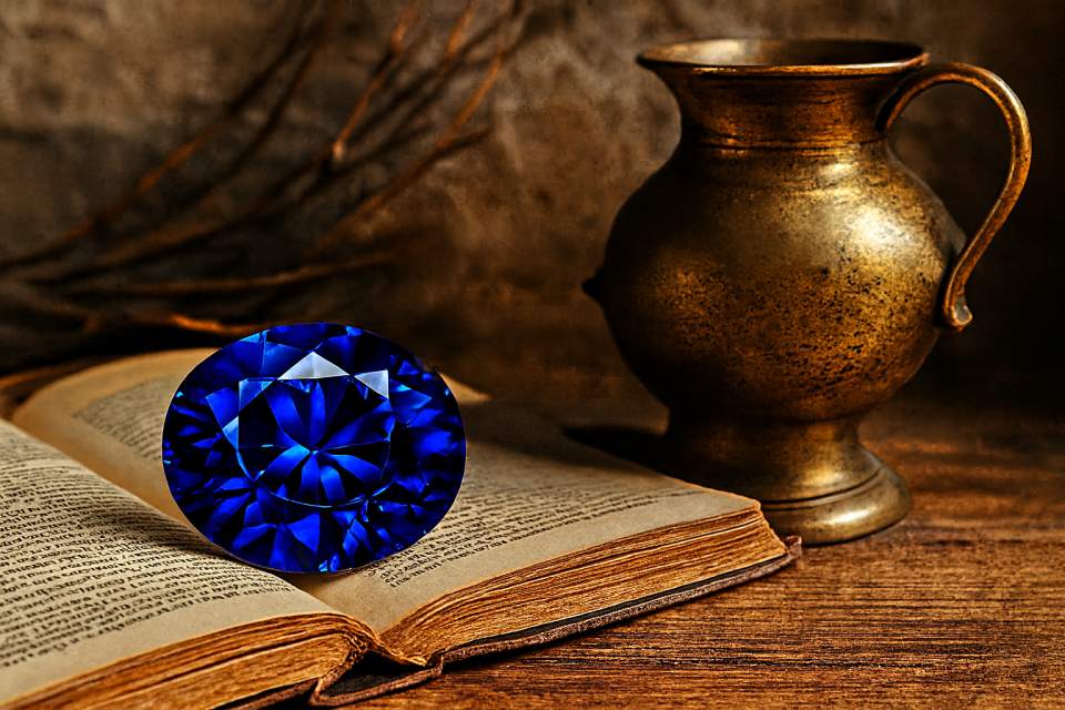 A deep blue sapphire gemstone displayed in a realistic historical background setting.