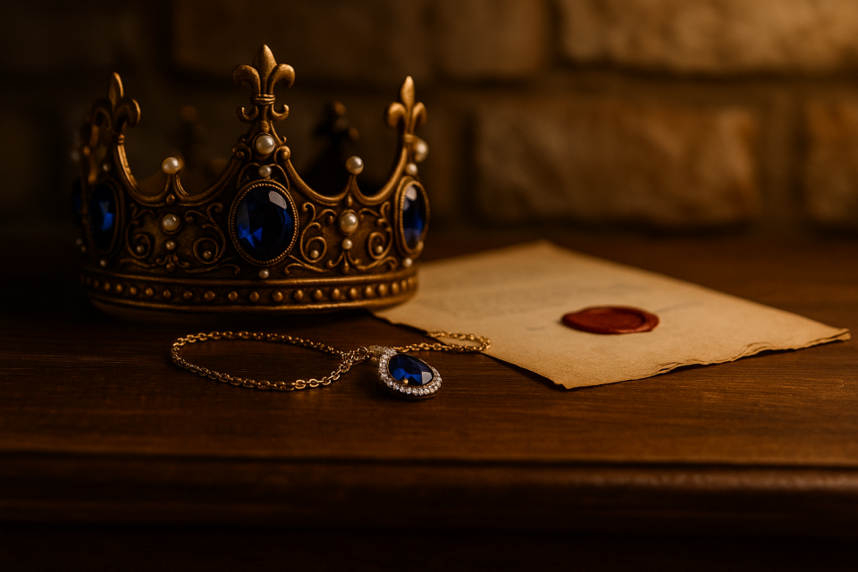 A royal-inspired sapphire jewelry set displayed in a vintage setting