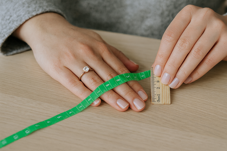 A woman measuring her ring size at home using a paper strip on her finger